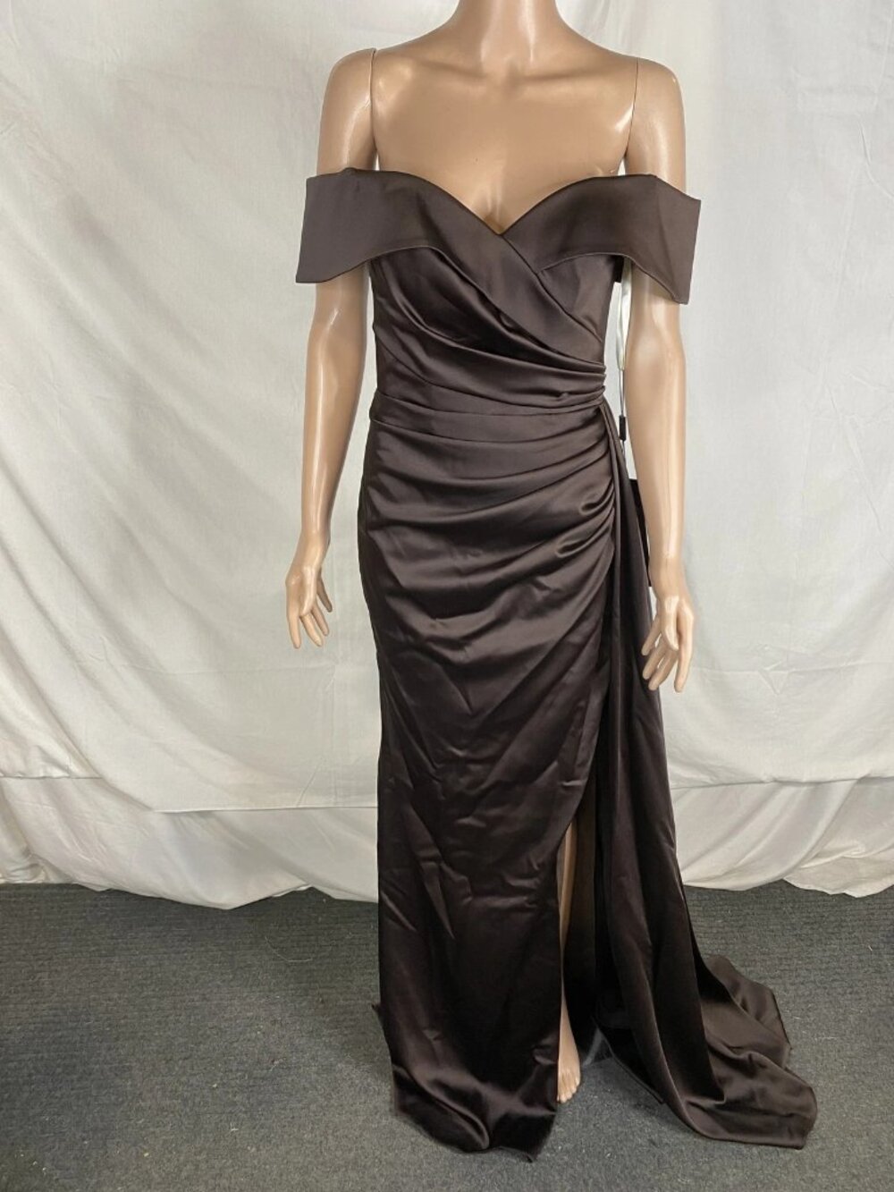 Passion Dress Womens 5202 Long Off Shoulder Long Satin Gown Dress Size 14 Brown